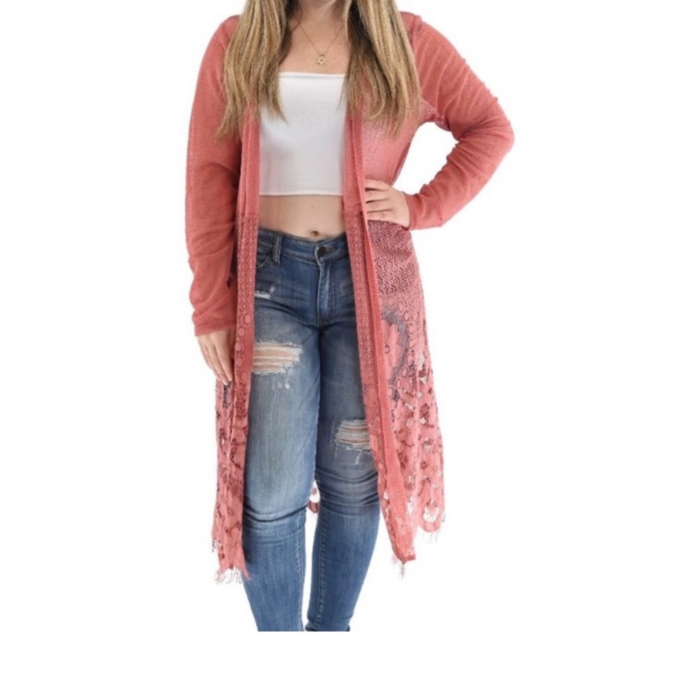 Ember Dusty Rose Lace Mesh Kimono Duster - Size XL